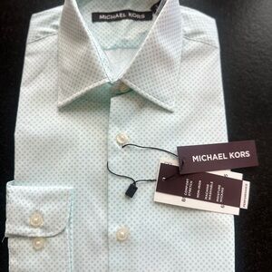 Michael Kors Boys Dress Shirt Size 14; lt cream and tealish blue diamond print